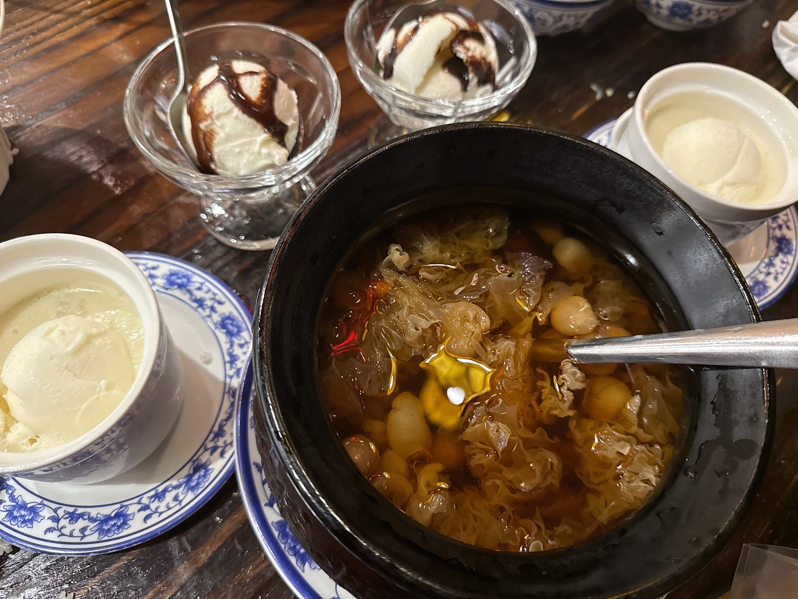 A claypot of sweet snow-fungus and longan dessert served with ice cream at Half Acre